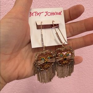 Betsey Johnson Gold-Tone Heart Tassel Drop Earrings with Multicolor Stones